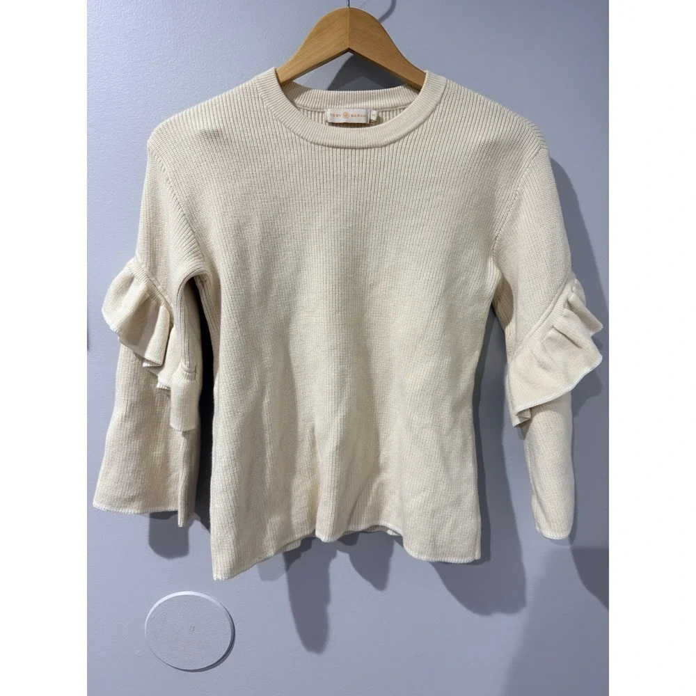 Tory Burch Ashley Ruffled Bell Sleeves Pullover Knit‎ Sweater Wool Ivory Small D